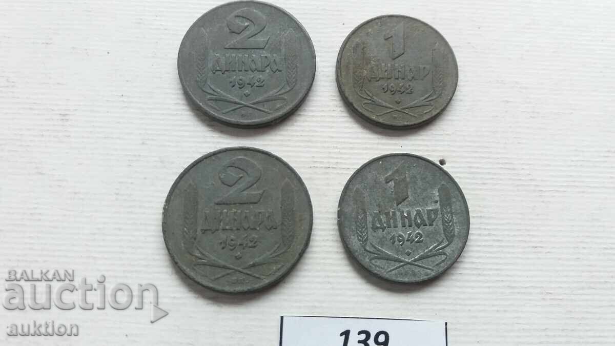 Licitație LOT DE 1 ȘI 2 DINARI DIN 1942 - ZINC 4 BUCĂȚI