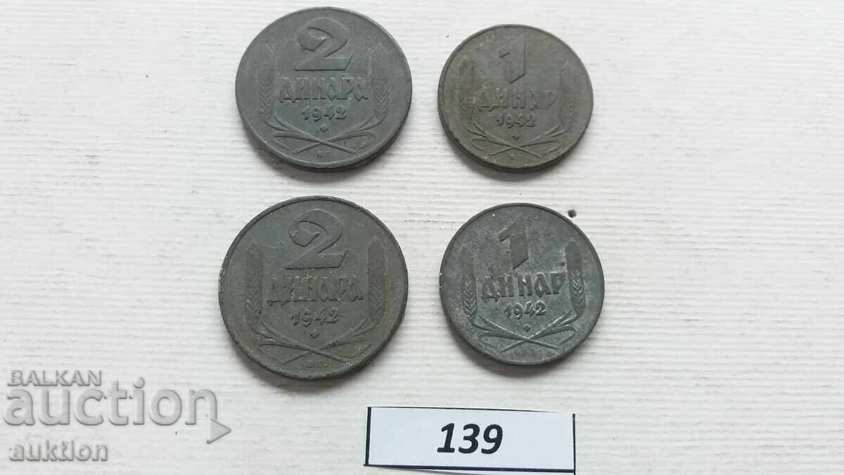 Livrarea LOT DE 1 ȘI 2 DINARI DIN 1942 - ZINC 4 BUCĂȚI