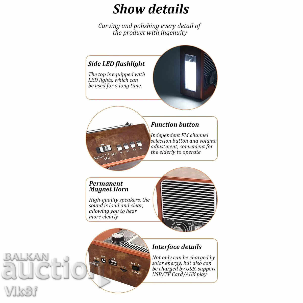 Ρετρό Ραδιόφωνο EVCHE, EC-2113BTS, Bluetooth, Ηλιακό πάνελ, FM - 5