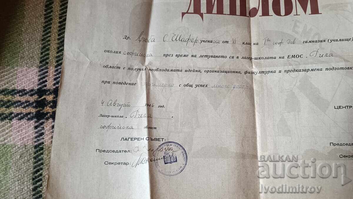 Licitație Diplomă Uniunea Tineretului Elevilor - EMOS 1946