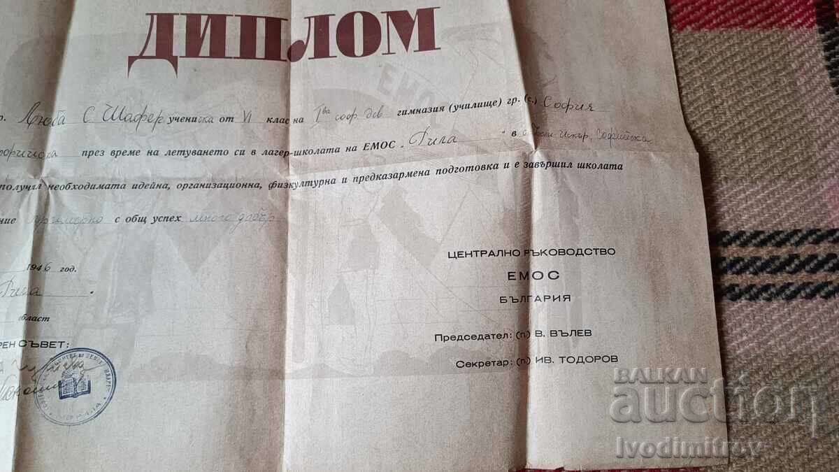 Livrarea Diplomă Uniunea Tineretului Elevilor - EMOS 1946