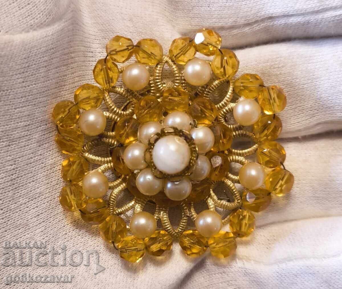 Broșă cu mărgele cehești de vară x mărgele perlate din bumbac anii '70