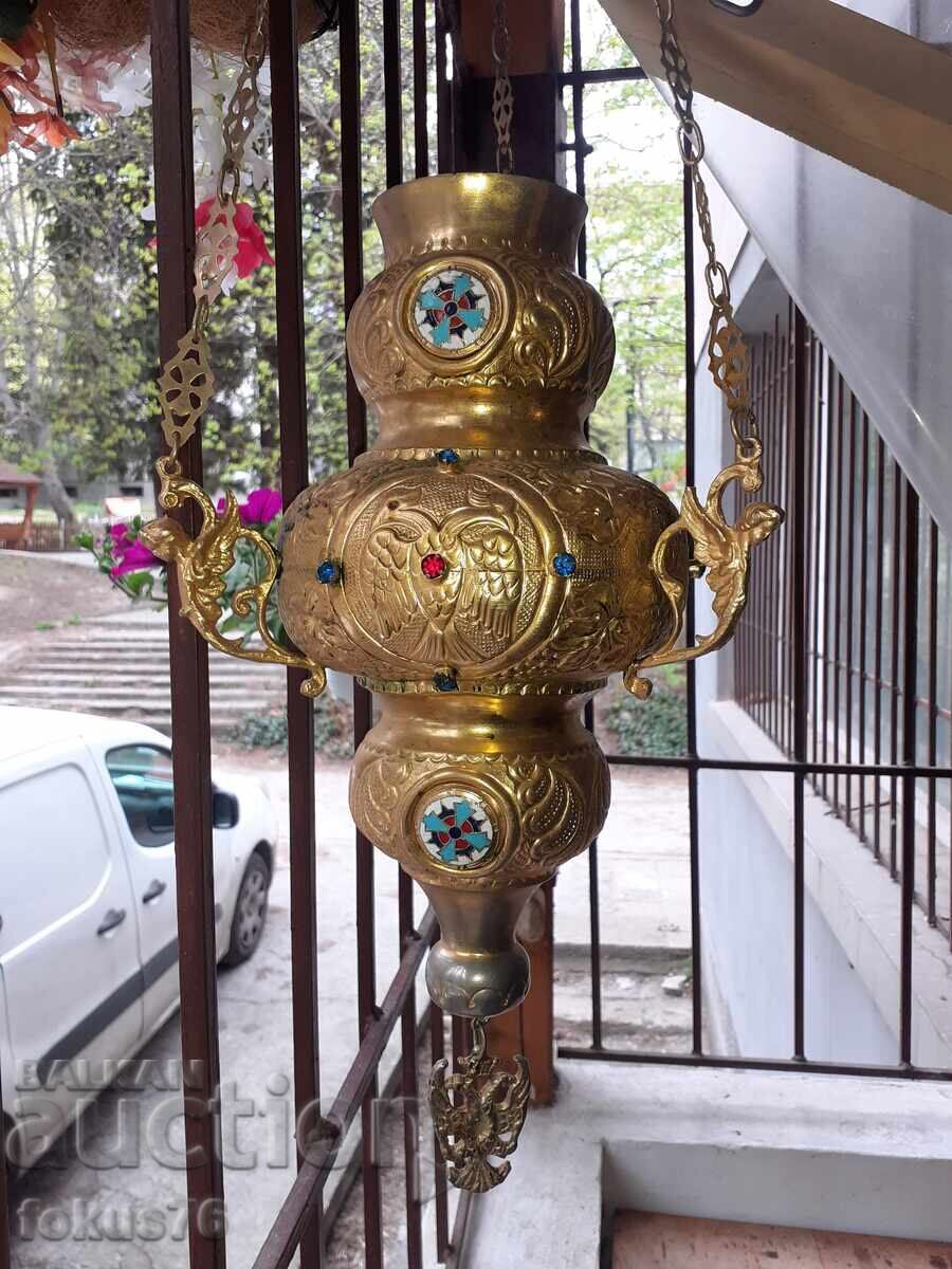 Τεράστιο παλιό κρεμαστό καντήλι εμαγιέ με γυαλιά, θυμιατό με τιμή € 190.00 | 371.61 BGN