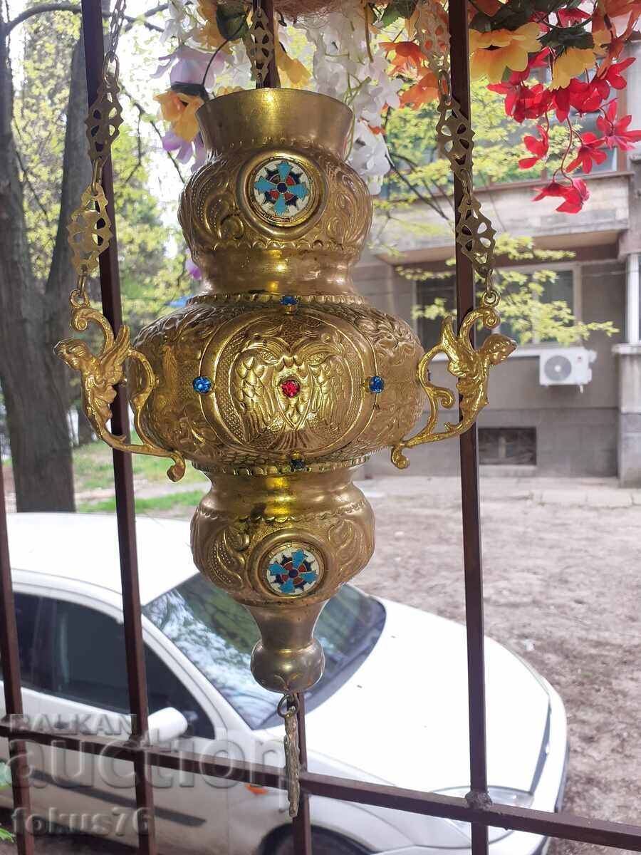 Δημοπρασία Τεράστιο παλιό κρεμαστό καντήλι εμαγιέ με γυαλιά, θυμιατό