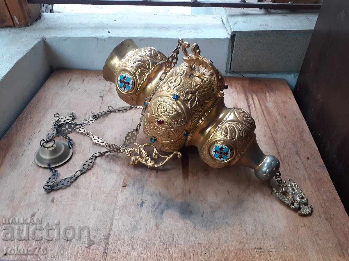 Παράδοση Τεράστιο παλιό κρεμαστό καντήλι εμαγιέ με γυαλιά, θυμιατό