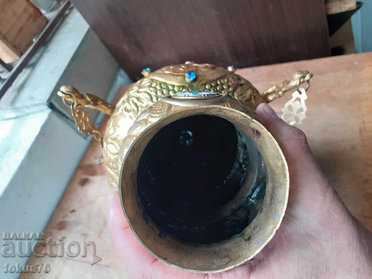 Τεράστιο παλιό κρεμαστό καντήλι εμαγιέ με γυαλιά, θυμιατό - 5