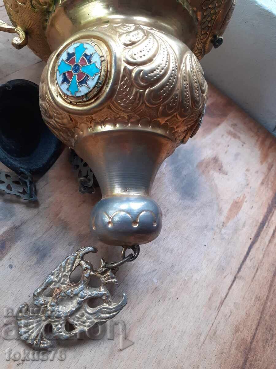 Τεράστιο παλιό κρεμαστό καντήλι εμαγιέ με γυαλιά, θυμιατό - 6