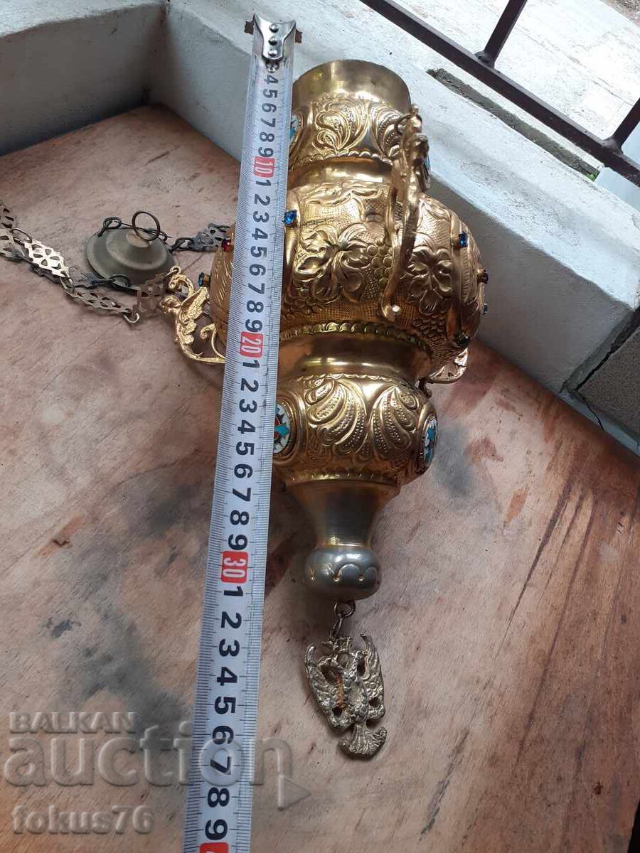 Τεράστιο παλιό κρεμαστό καντήλι εμαγιέ με γυαλιά, θυμιατό - 7