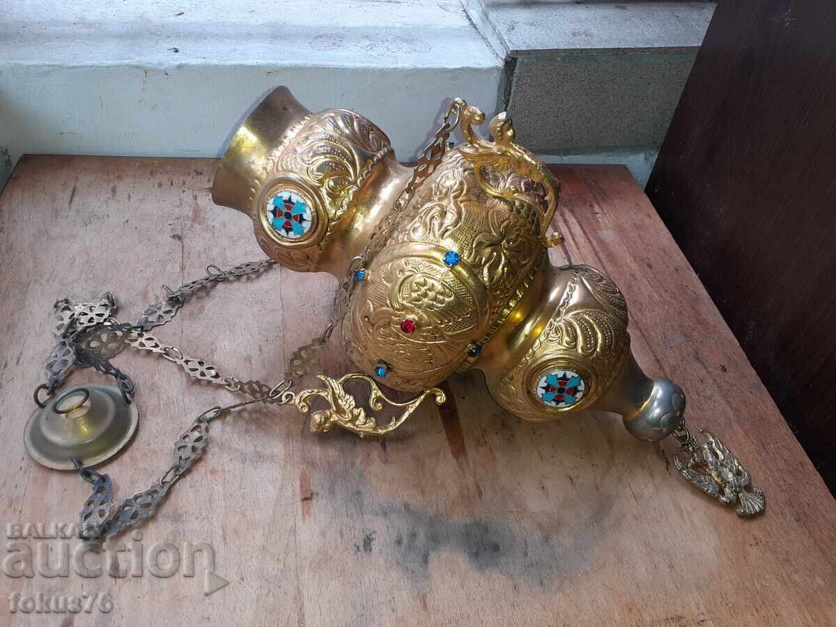 Τεράστιο παλιό κρεμαστό καντήλι εμαγιέ με γυαλιά, θυμιατό