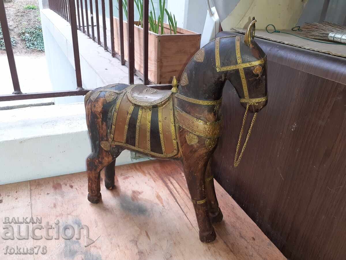Аукцион Старо антикварно дървено конче с месинг статуетка фигура кон