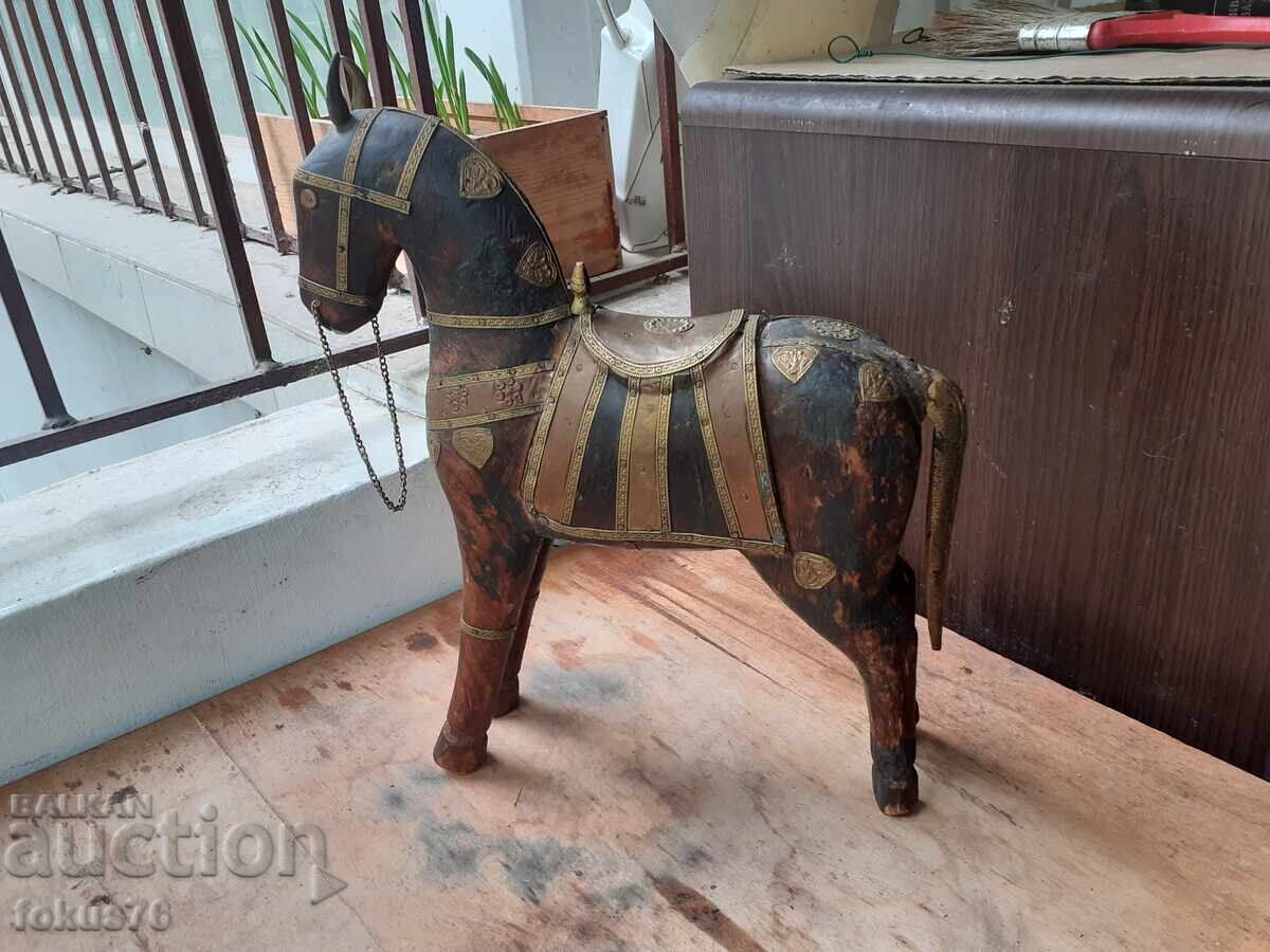 Старо антикварно дървено конче с месинг статуетка фигура кон - 5