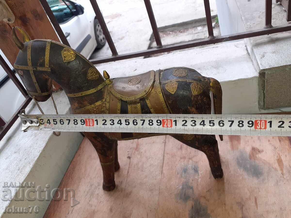 Старо антикварно дървено конче с месинг статуетка фигура кон - 6