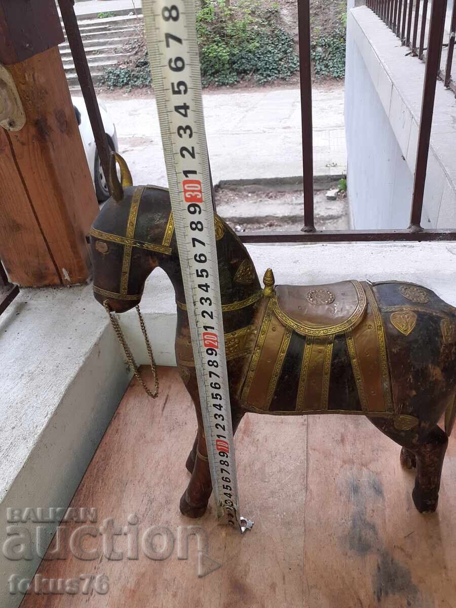 Старо антикварно дървено конче с месинг статуетка фигура кон - 7