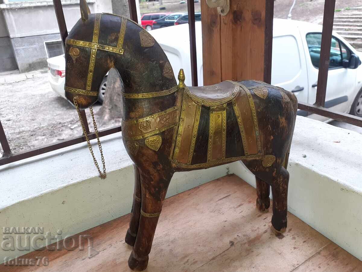 Старо антикварно дървено конче с месинг статуетка фигура кон