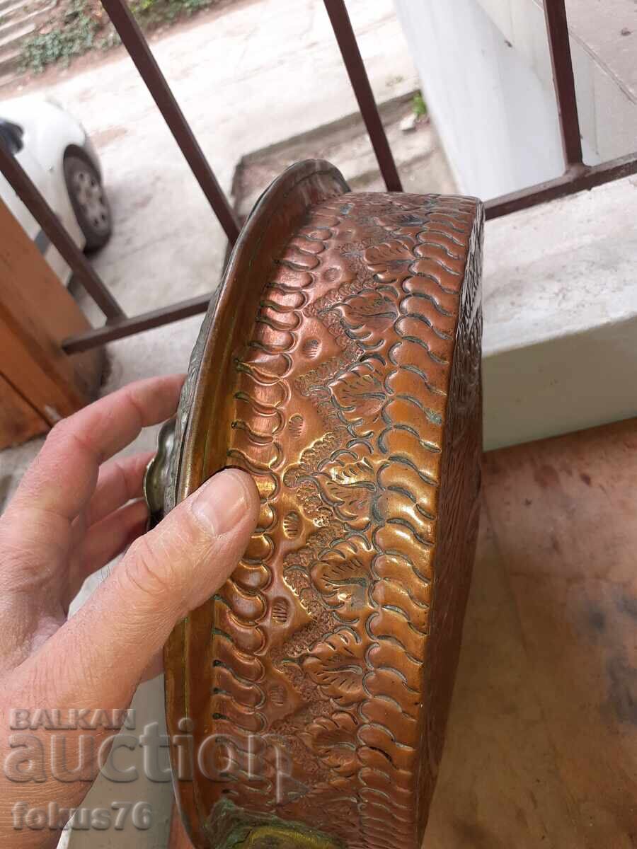 Tavă/oală veche incredibilă din cupru cu capac, lucrată manual (ciocănită) - 6