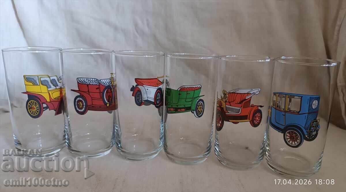 Auction  Set of 6 water or beer glasses with Retro Cars