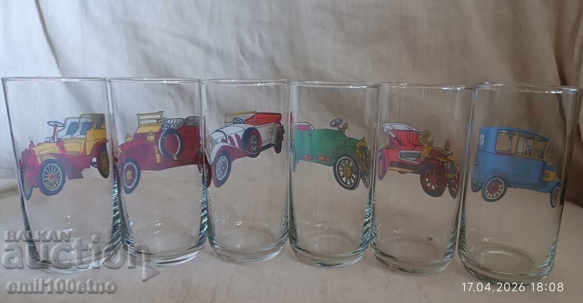 Delivery of Set of 6 water or beer glasses with Retro Cars