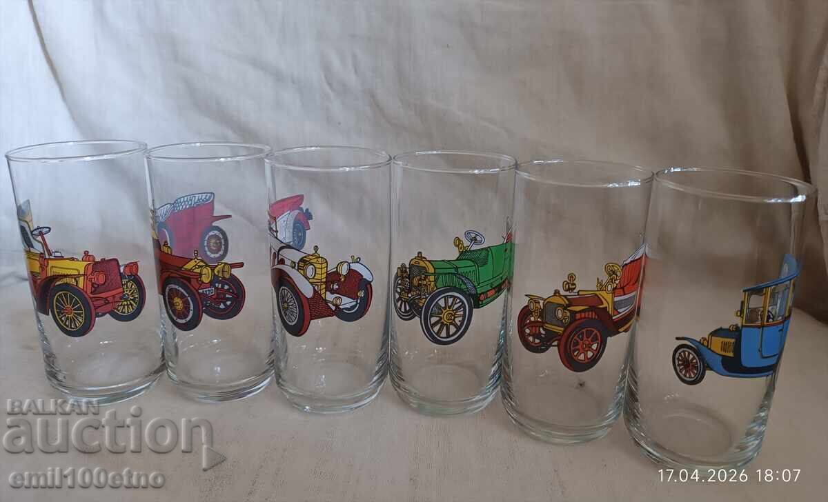 Set of 6 water or beer glasses with Retro Cars