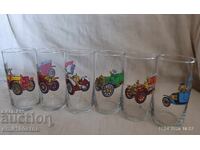 Set of 6 water or beer glasses with Retro Cars