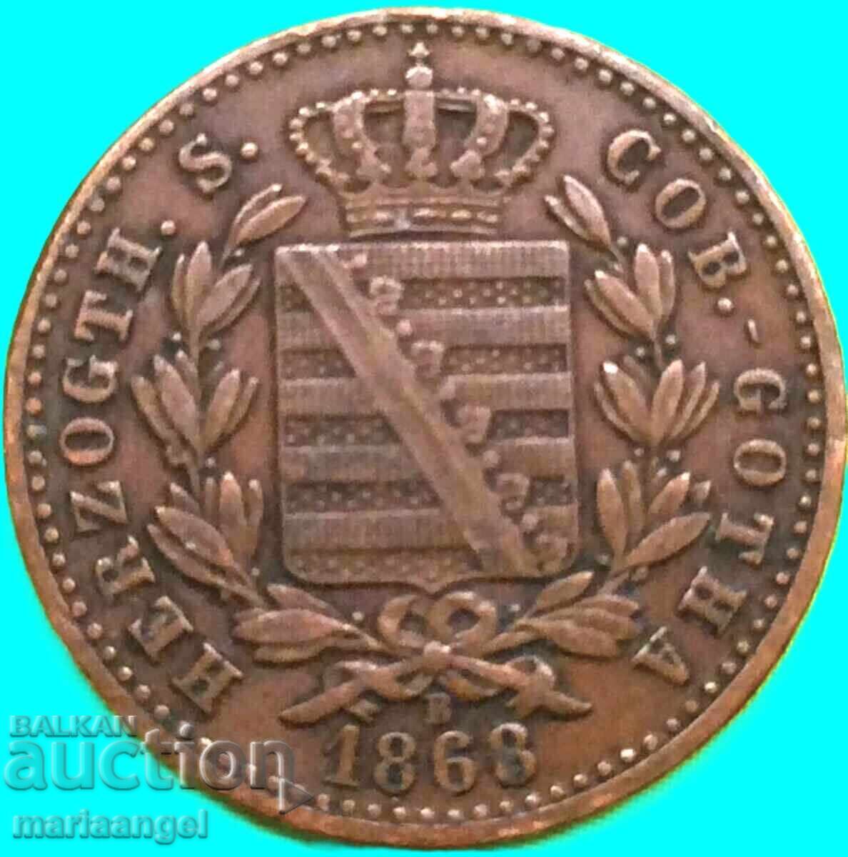 1 Pfennig 1868 Gotha-Saxe „Zâmbet” monedă de cupru de stat german cu preț € 7.00 | 13.69 BGN