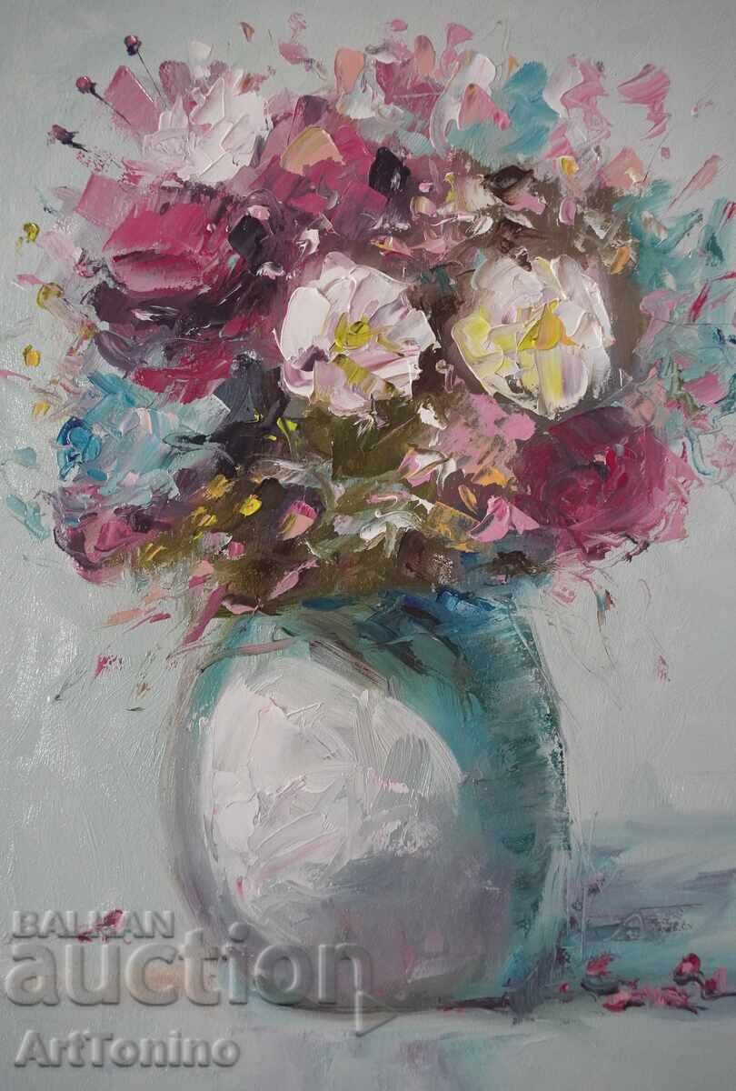 Маслена картина- Натюрморт- Танцът на цветовете- А. Йорданов - 5
