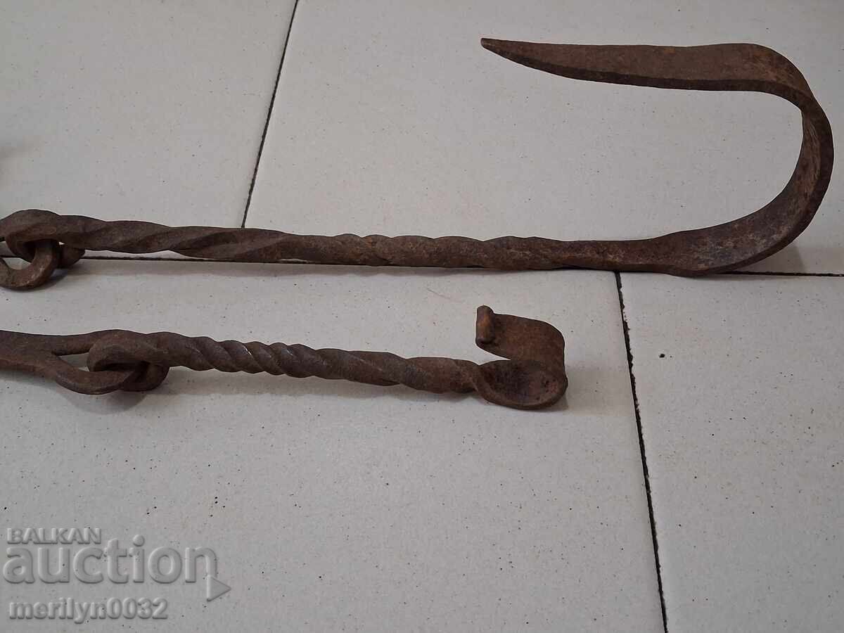 Auction  Old wrought iron chain with hook, hearth chain hook chain