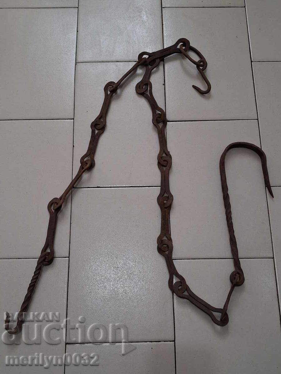 Old wrought iron chain with hook, hearth chain hook chain - 5