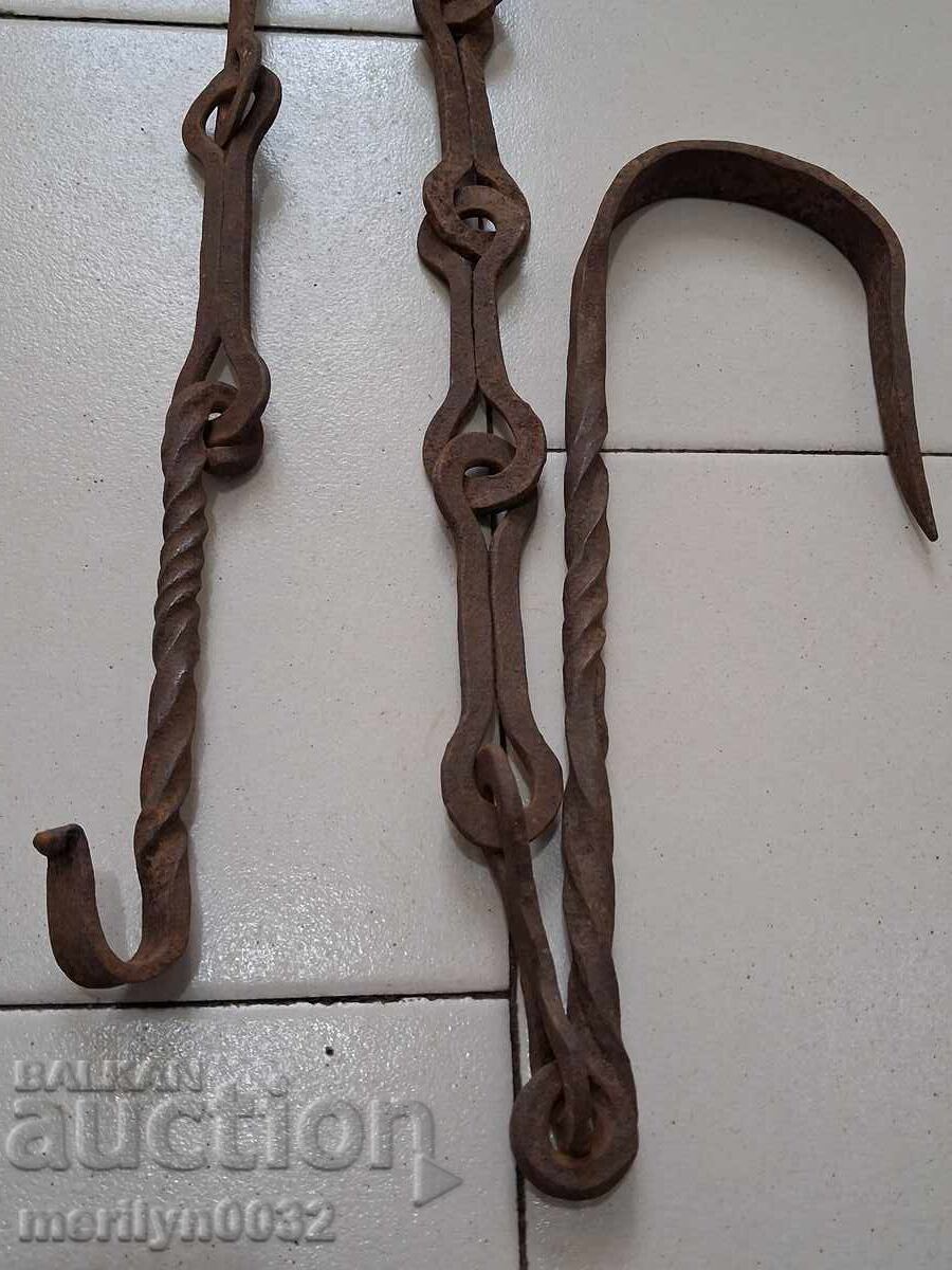Old wrought iron chain with hook, hearth chain hook chain - 7
