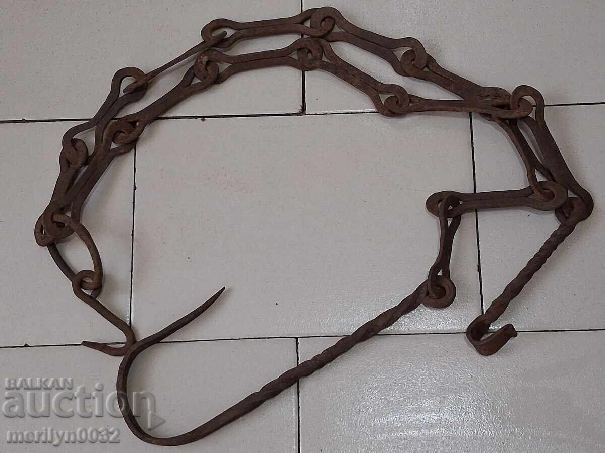 Old wrought iron chain with hook, hearth chain hook chain