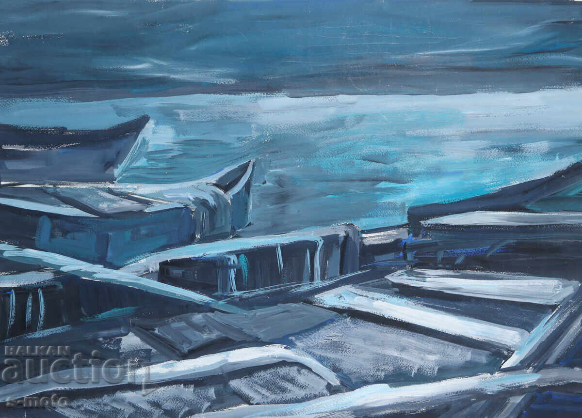 Licitație Tablou tempera peisaj bărci pescărești