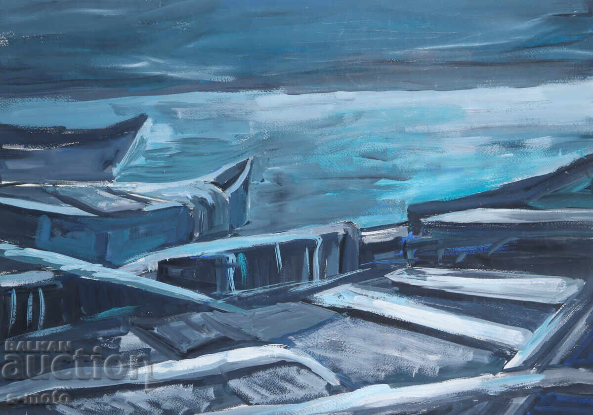 Tablou tempera peisaj bărci pescărești