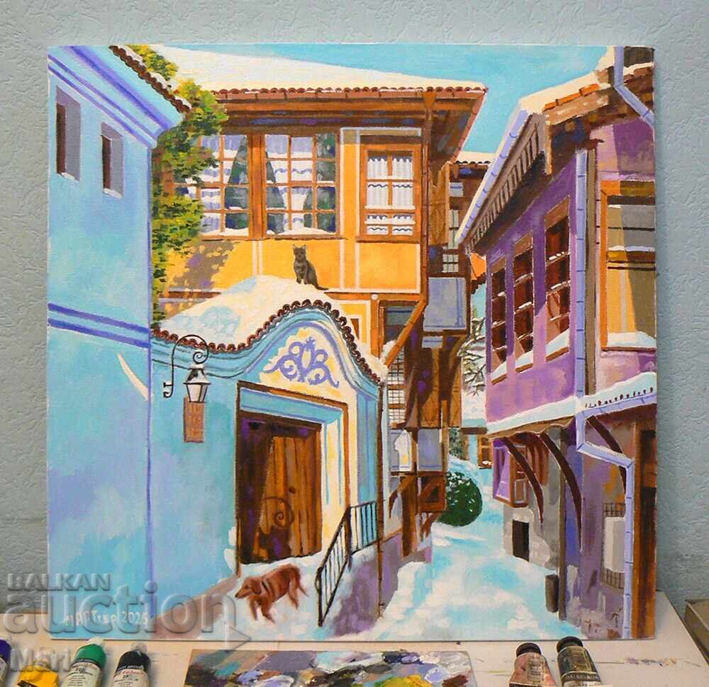 Peisaj de iarnă din Plovdiv. Pictură în ulei. 50x50 cm. mARTger