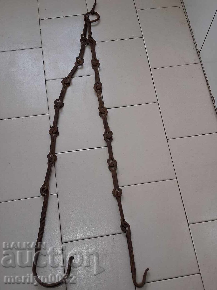 Licitație Lant vechi din fier forjat cu carlig, lant vatra carlig
