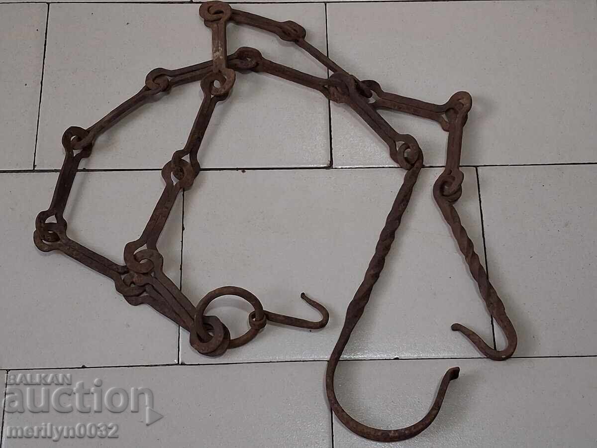 Lant vechi din fier forjat cu carlig, lant vatra carlig