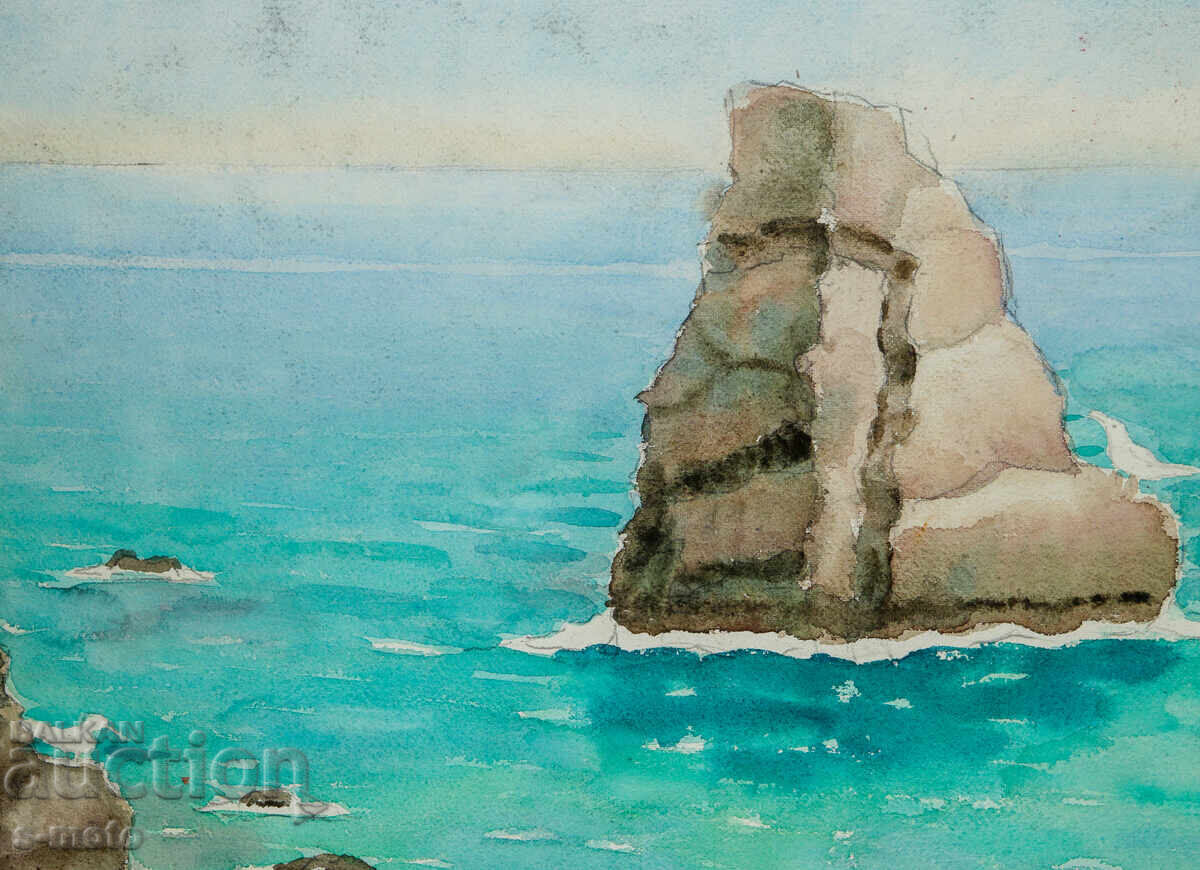 Стара картина морски пейзаж акварел - 5