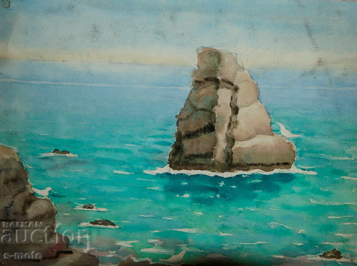 Стара картина морски пейзаж акварел