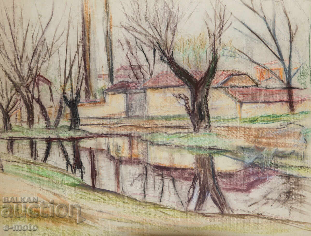 Δημοπρασία Παλιός πίνακας παστέλ αστικό τοπίο