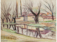 Стара картина пастел градски пейзаж