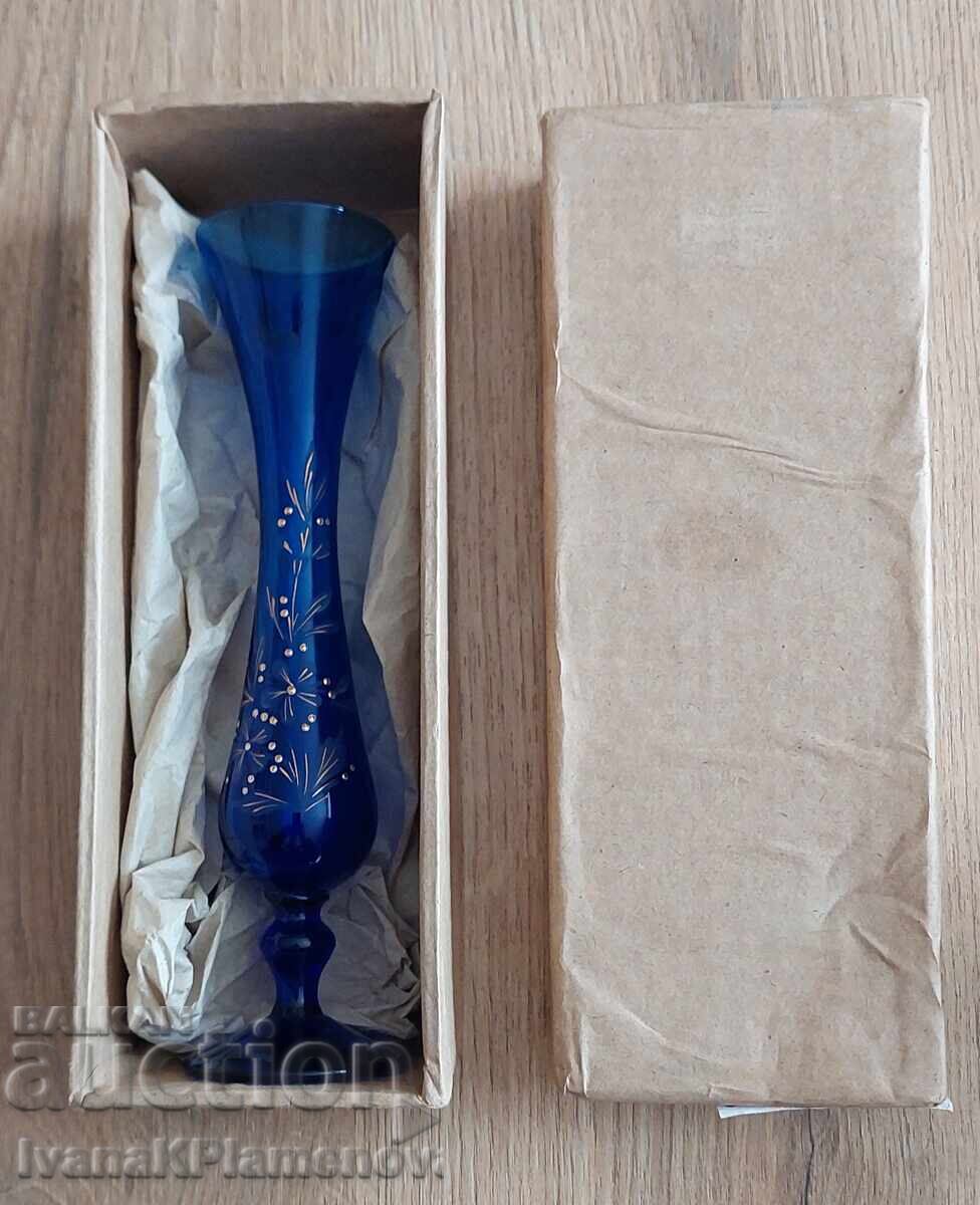 Vază vintage din sticlă albastră cu cutia originală pentru colecționari - 5
