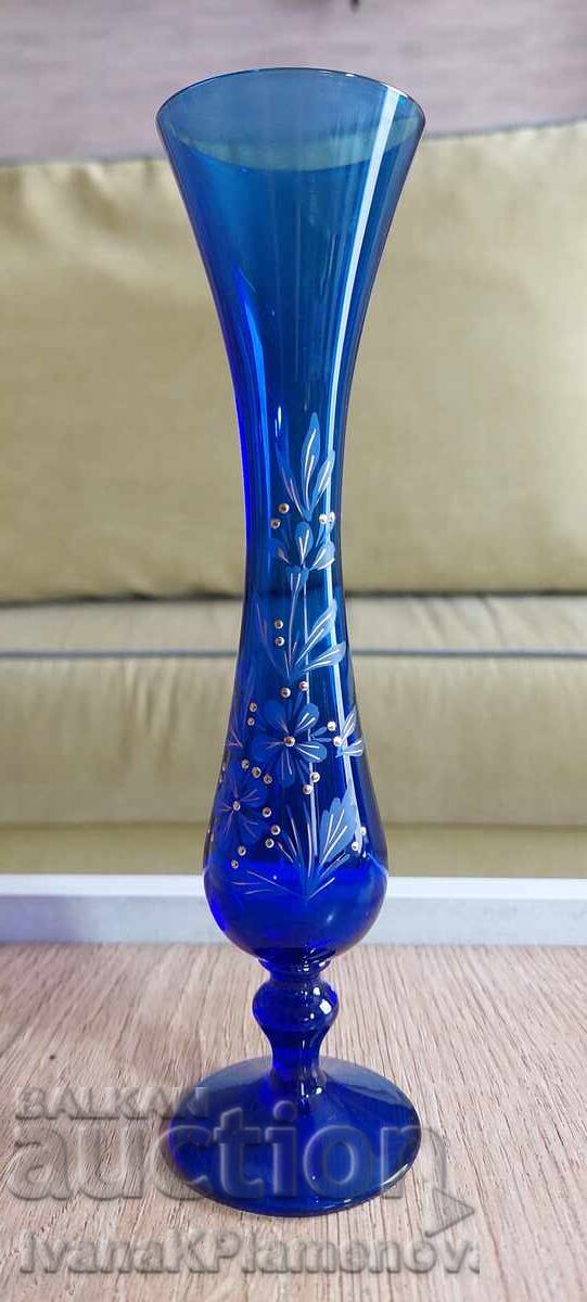 Vază vintage din sticlă albastră cu cutia originală pentru colecționari