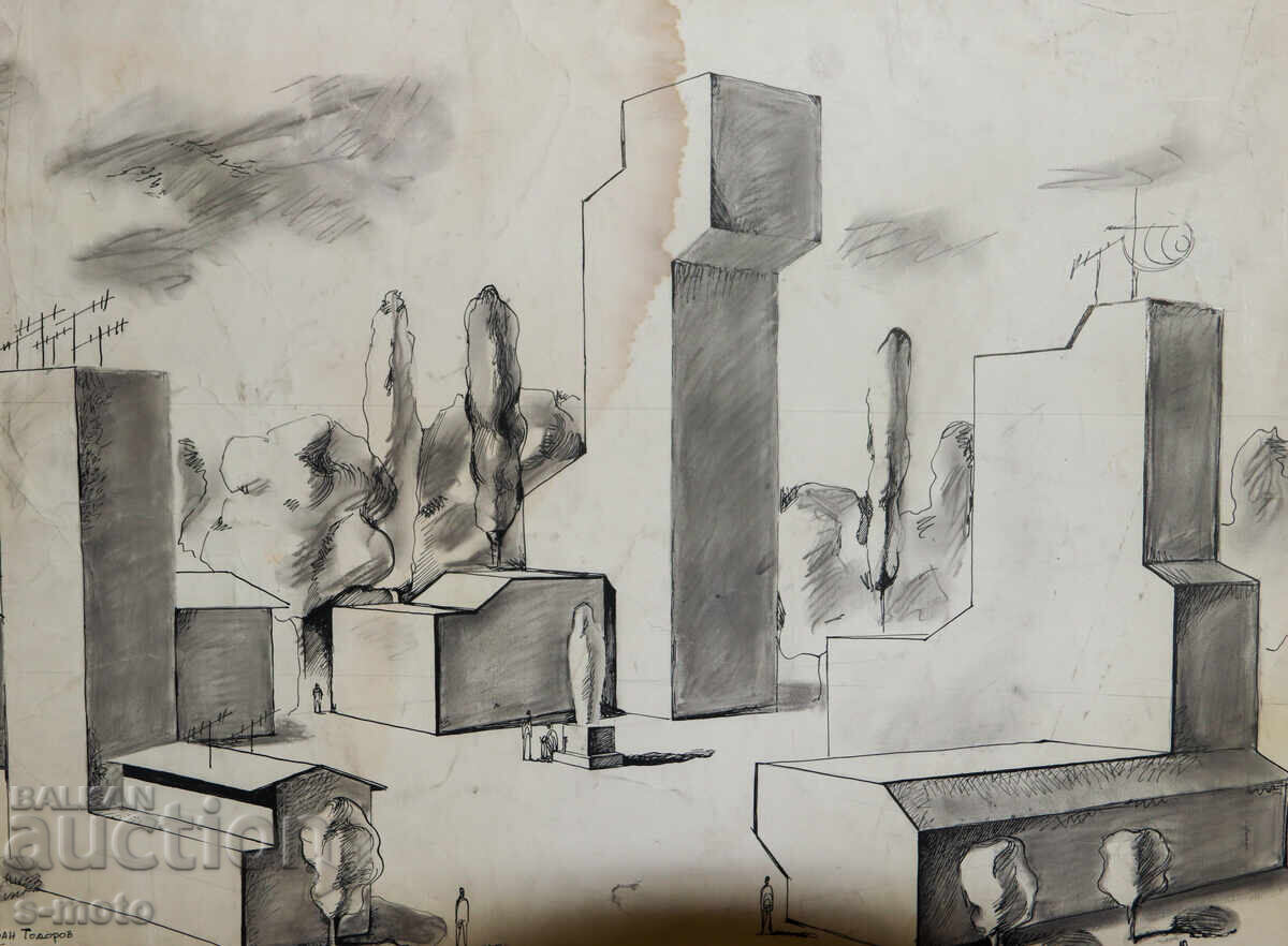 Licitație Tablou tuș, tempera, compoziție abstractă