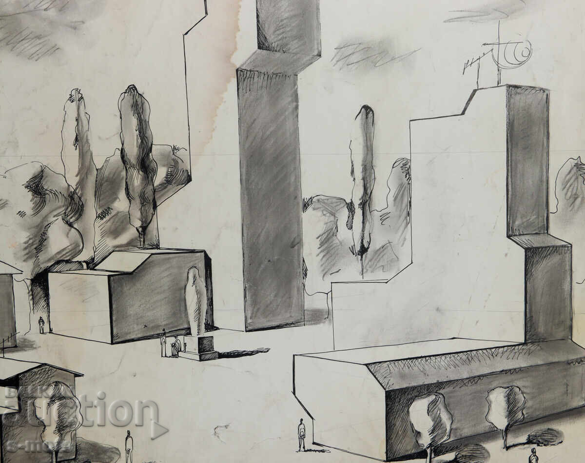 Tablou tuș, tempera, compoziție abstractă - 6