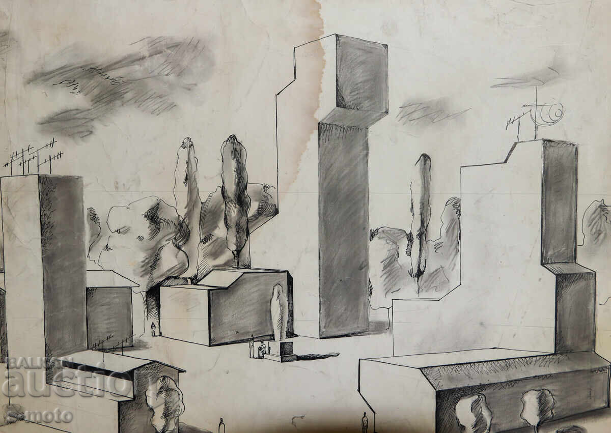 Tablou tuș, tempera, compoziție abstractă