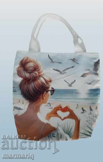 Geantă tip sac lucrată manual - Inspirație marină, 40x35cm