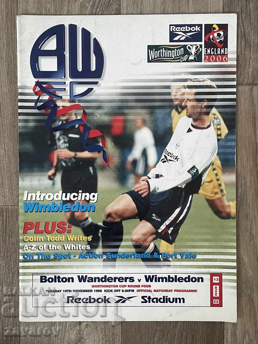 Program de fotbal Bolton Wanderers Wimbledon 1998 Anglia