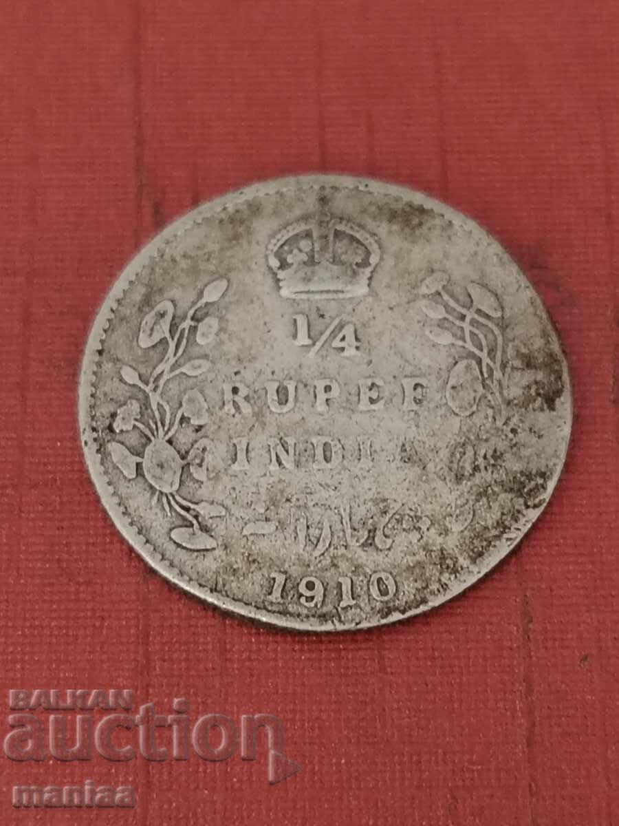 Аукцион 1/4 Рупия 1910 г Сребро!