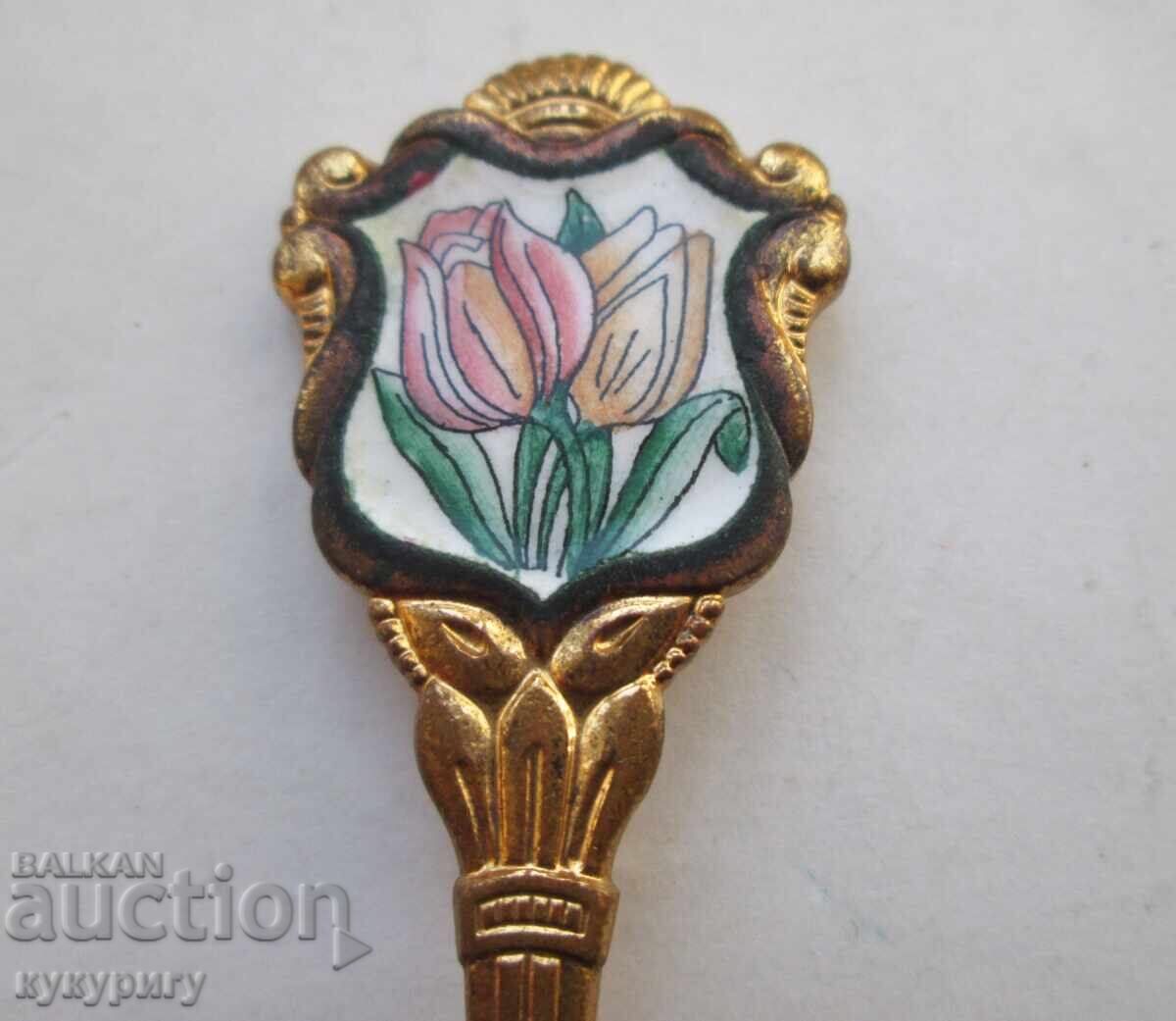 Auction  Old gold-plated spoon painted enamel Budapest