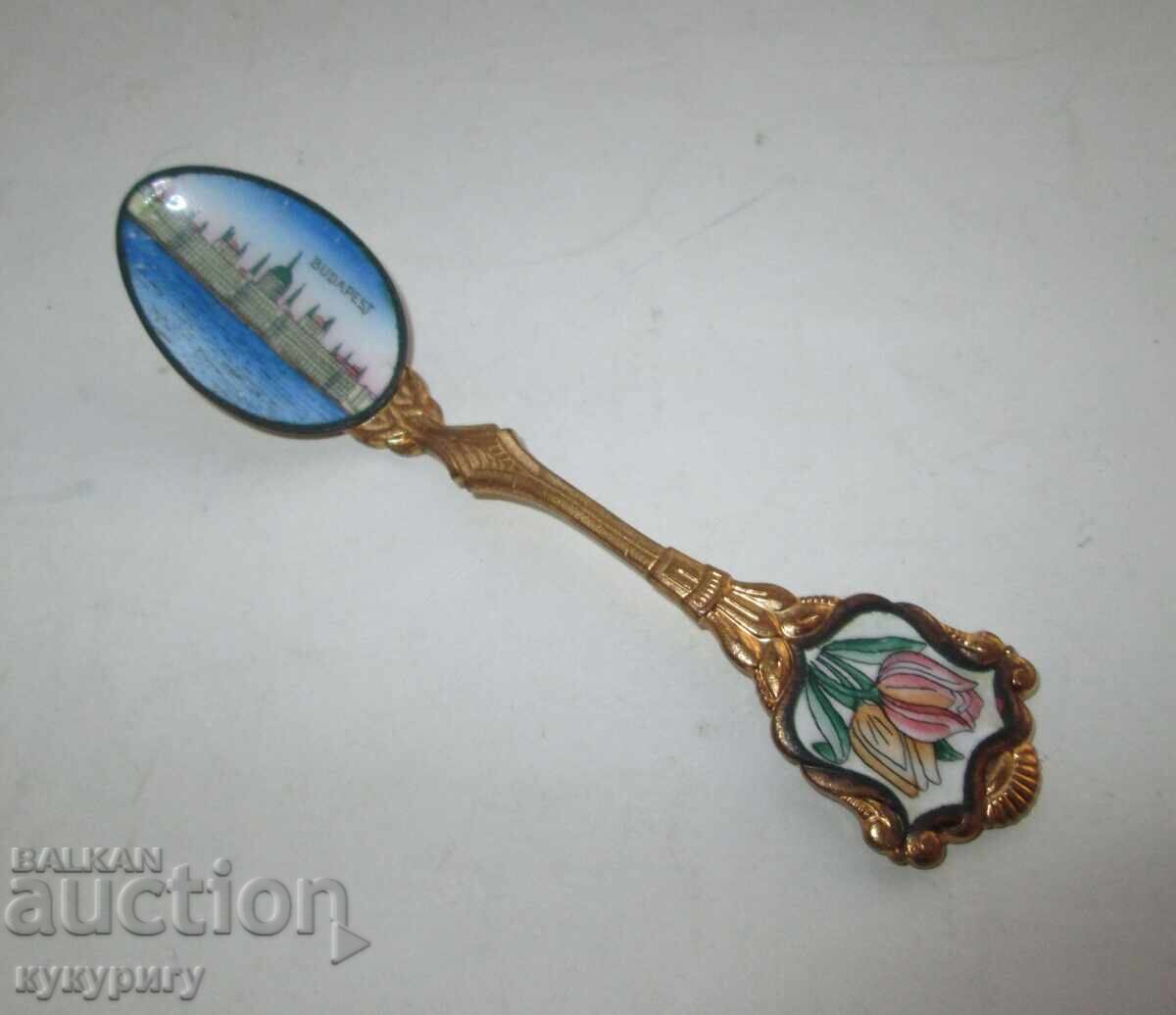 Old gold-plated spoon painted enamel Budapest