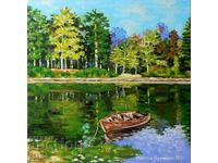 Ελαιογραφία τοπίου με βάρκα. 30x30. 2021. Καλλιτέχνης: mARTger