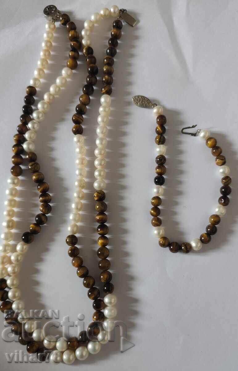 colier și brățară cu perle și ochi de tigru